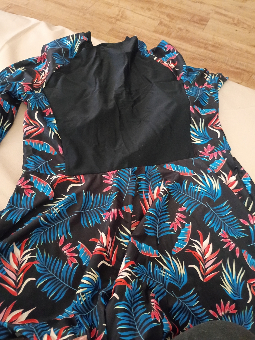 SHEIN Black One-Piece Swimsuit with Blue and Pink Tropical Leaves